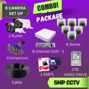 Image of Combo Package - with 2 Bullet CCTV,6 Dome CCTV 8 Channel DVR, 1 SMSP, 2TB Hard Drive, Cable Bundle, Connectors