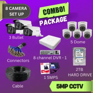 Image of Combo Package - with 4 Bullet CCTV,4 Dome CCTV 8 Channel DVR, 1 SMSP, 2TB Hard Drive, Cable Bundle, Connectors