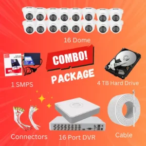 Image contains bullet cameras, dvr, cable bundle, Hard Drive, SMPS, Connectors
