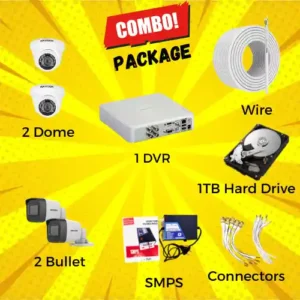 Banner image of Combo Package - 2 Bullet CCTV, 2 Dome CCTV 1 DVR, Wires, SMPS, Connectors, Hard Drive