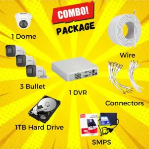 Banner image of Combo Package - 3 Bullet CCTV, 1 Dome CCTV 1 DVR, Wires, SMPS, Connectors, Hard Drive