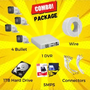 Banner image of Combo Package - 4 Bullet CCTV, 1 DVR, Wires, SMPS, Connectors, Hard Drive