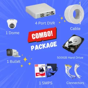 Image contains bullet cameras, dvr, cable bundle, Hard Drive, SMPS, Connectors