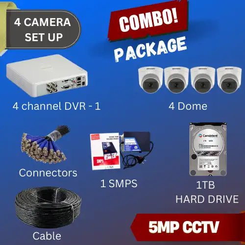Image of Combo Package - 4 Dome CCTV, 4 Channel DVR, 1 SMSP, 2TB Hard Drive, Cable Bundle, Connectors