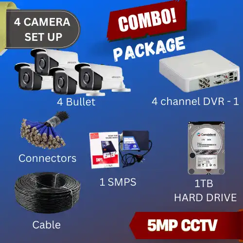 Image of Combo Package - with 4 Bullet CCTV, 4 Channel DVR, 1 SMSP, 1TB Hard Drive, Cable Bundle, Connectors