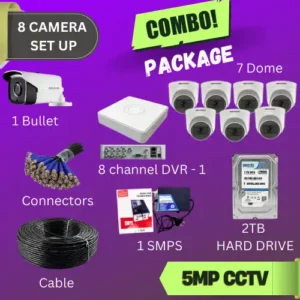 Image of Combo Package - with 1 Bullet CCTV,7 Dome CCTV 8 Channel DVR, 1 SMSP, 2TB Hard Drive, Cable Bundle, Connectors