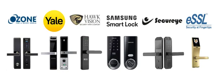 Logo of different digital door locks with locks, Brand Names - Ozone, Yale, Hawk Vision, Samsung, Secureye, ESSL