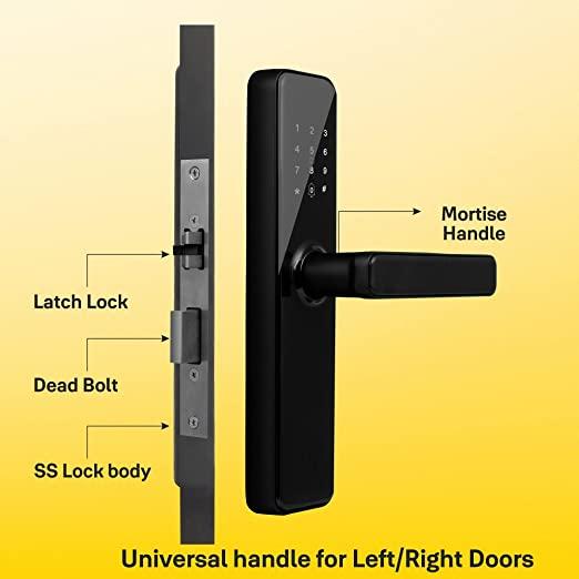 Image showcasing the Yale YDME 50 Pro Smart Door Lock in a sophisticated black hue, designed to enhance security and access control for both home and office settings. The smart lock boasts a user-friendly pincode interface, RFID card compatibility, and reliable mechanical keys, offering a comprehensive blend of modern and traditional access options.
