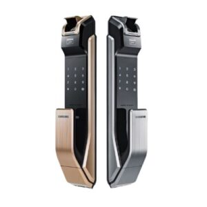 Image of Samsung Digital Door Lock with Push Pull Button to open the door, Lock color is metalic grey and golden , model no SHS P718