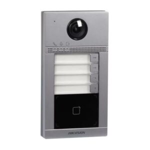 Image of Hikvision Outdoor Bell unit of Video Door Phone. It Contains 4 button in outdoor panel for four floor building. Brand and Model no is Hikvision DS-KV8413-WME1