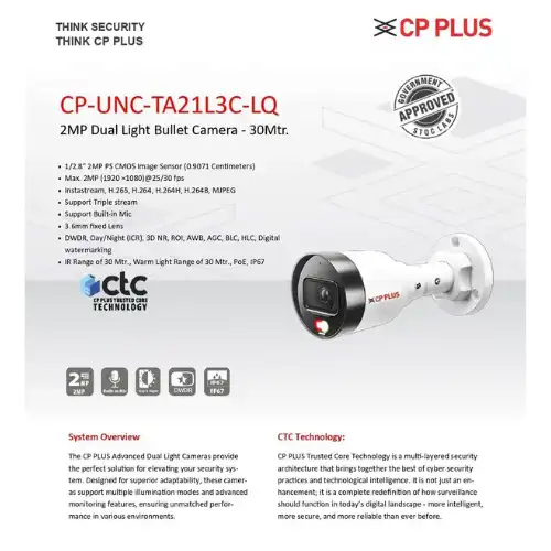 CP-UNC-TA21L3C-LQ 2MP Dual Light Bullet Camera - 30Mtr